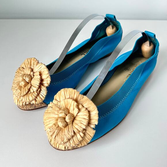 CHANEL Camellia Turquoise Leather Cork Cap Toe CC Logo Ballet Flats IT 37.5 C - Picture 4 of 16